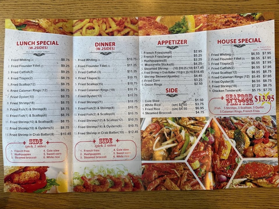 Menu board with seafood boil options