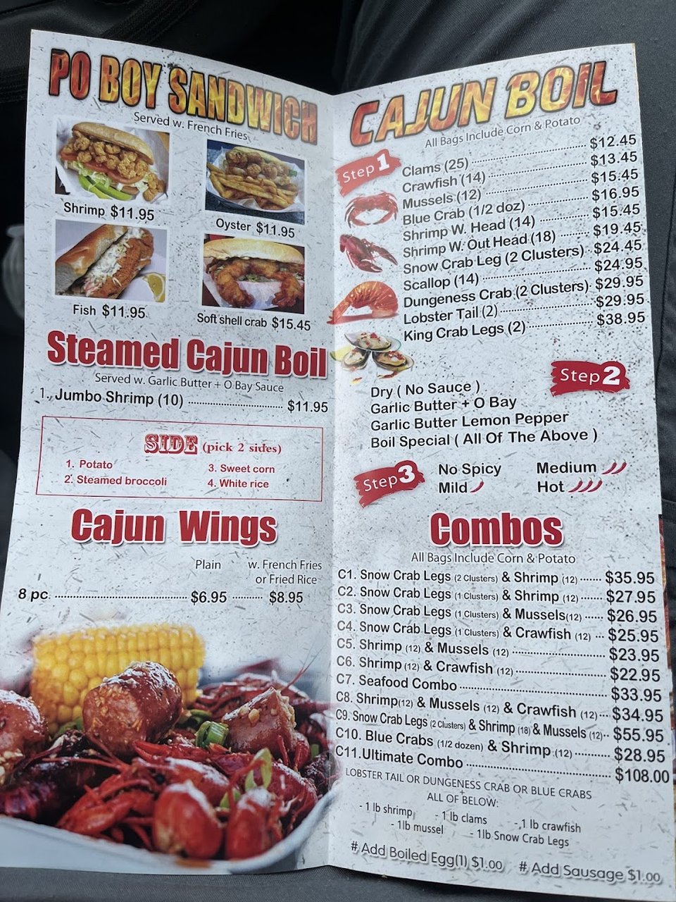 Printed menu featuring crab and shrimp dishes