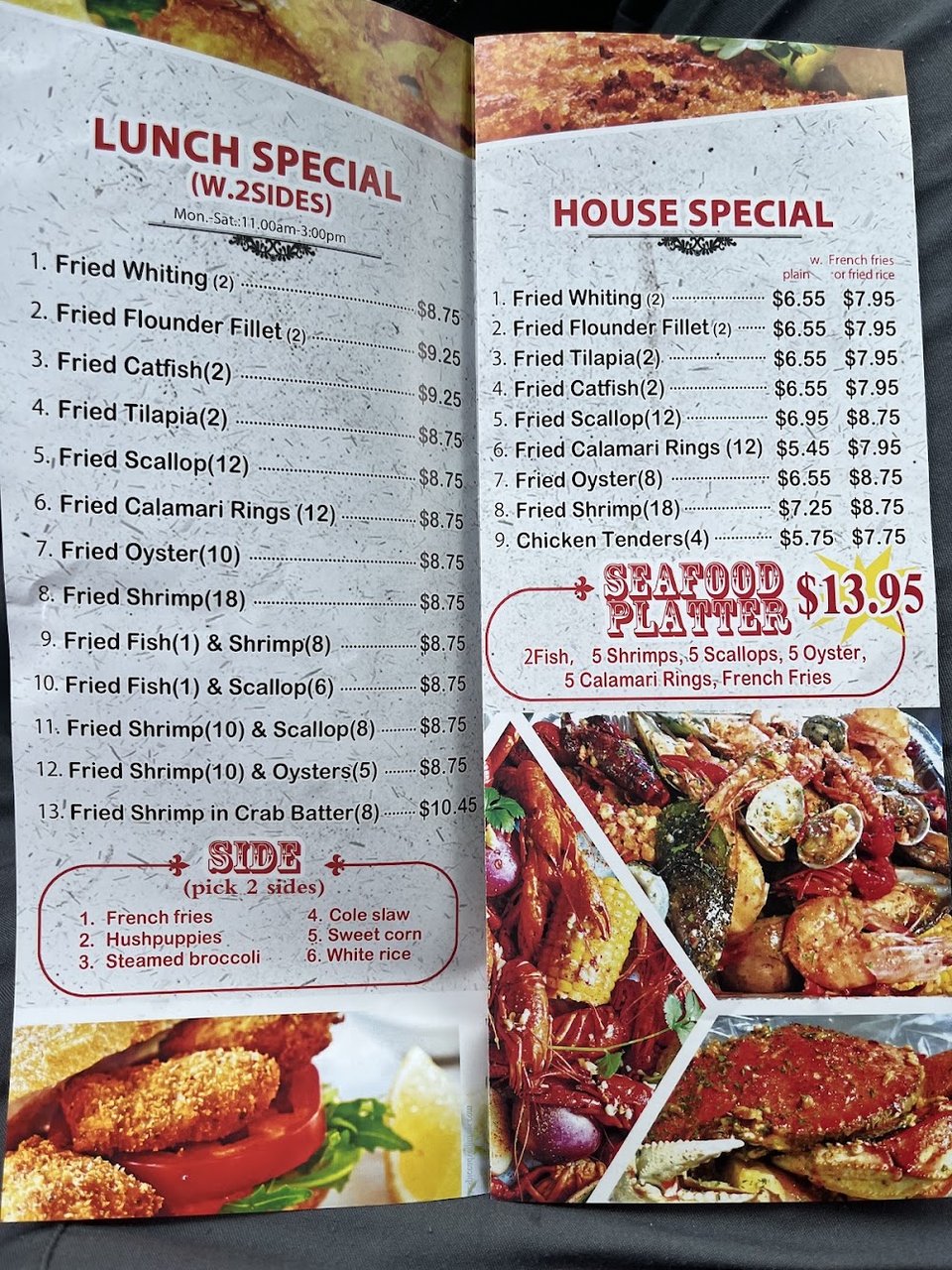 Seafood menu with po boy sandwiches